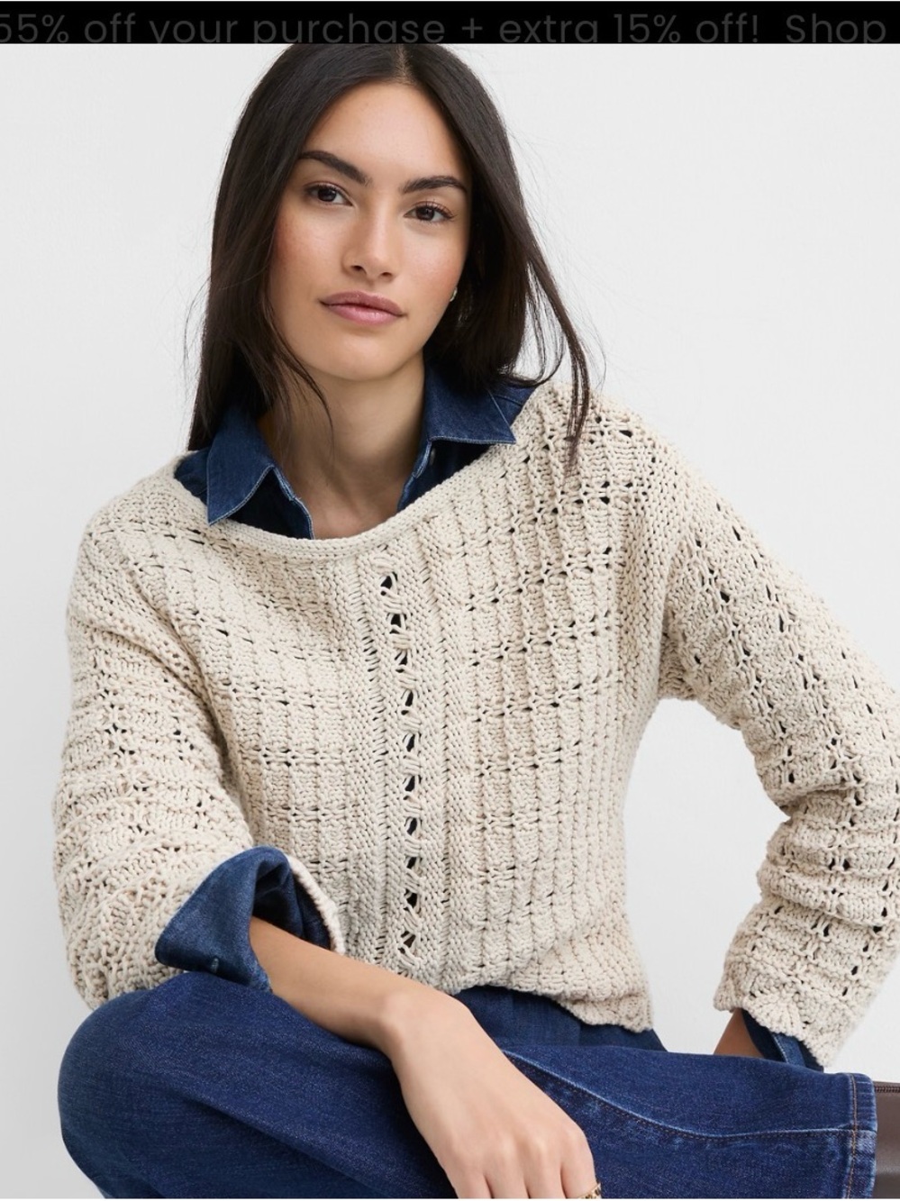 LOFT Cream Open-Knit Crewneck Sweater